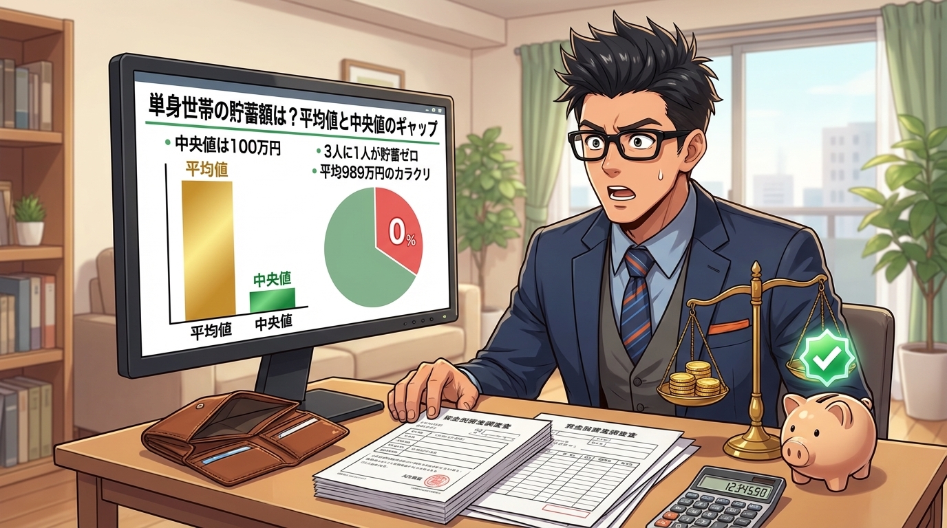 平均値のウソについて中央値は100万円や3人に1人が貯蓄ゼロや平均989万円のカラクリなどの要素を描いたイラスト