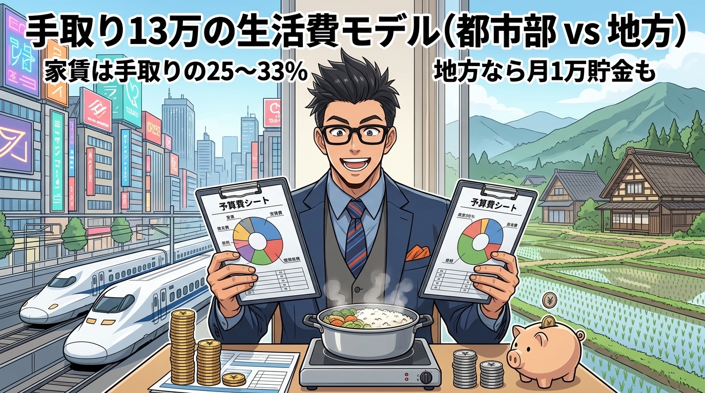 家賃が5千円違うだけで暮らしが変わるについて家賃は手取りの25〜33%や地方なら月1万貯金もなどの要素を描いたイラスト