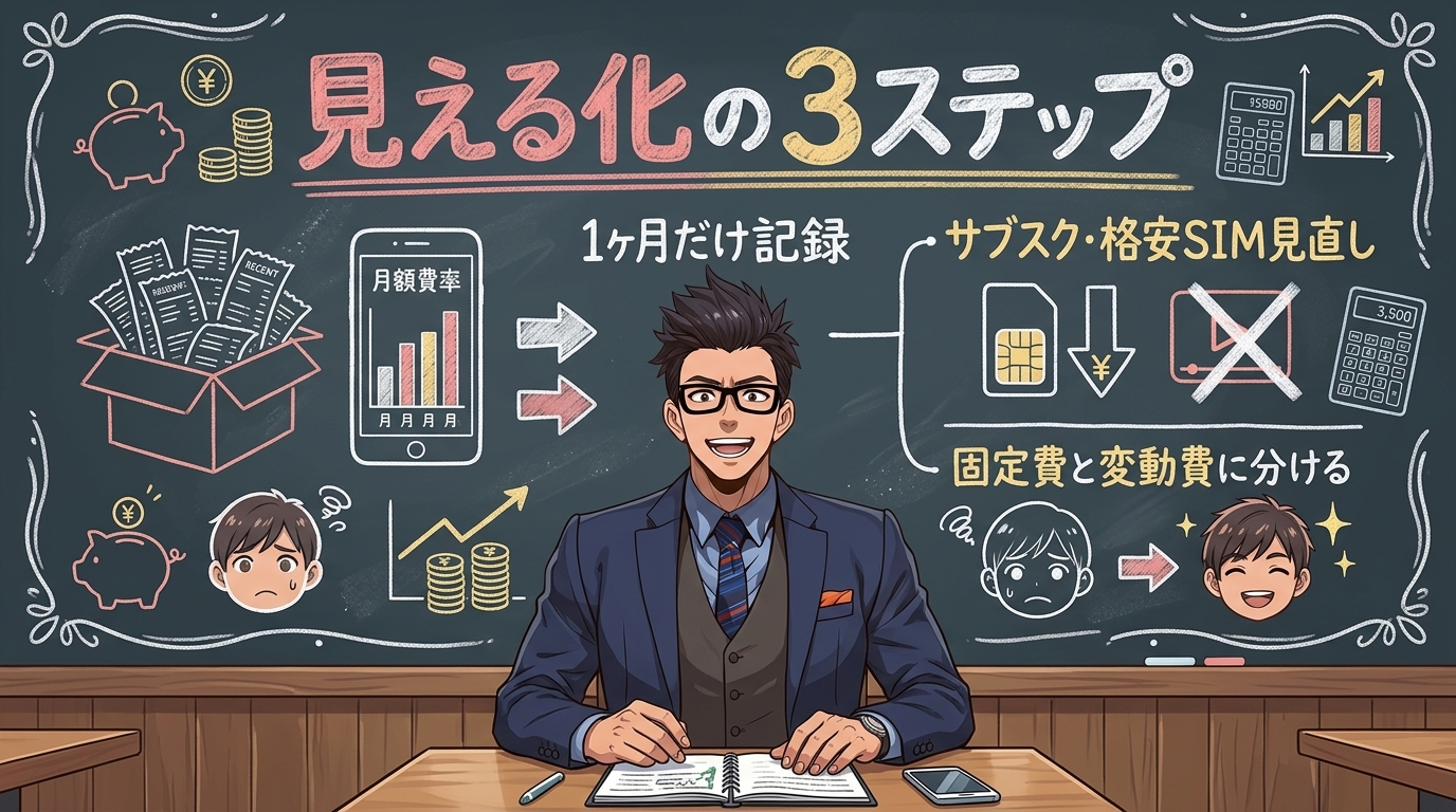 固定費をひとつ変えるだけで不安が消えるについて固定費と変動費に分けるや1ヶ月だけ記録やサブスク・格安SIM見直しなどの要素を描いたイラスト