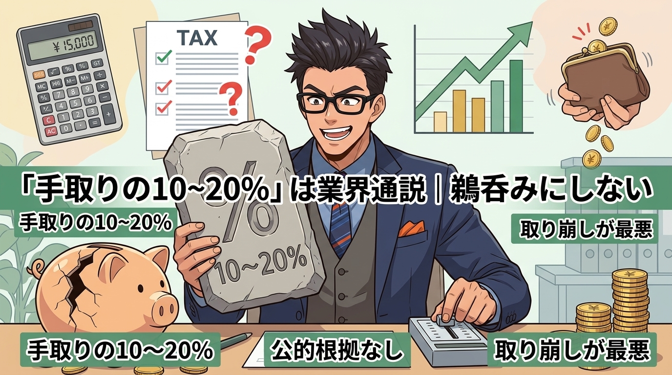通説に縛られないについて手取りの10〜20%や公的根拠なしや取り崩しが最悪などの要素を描いたイラスト