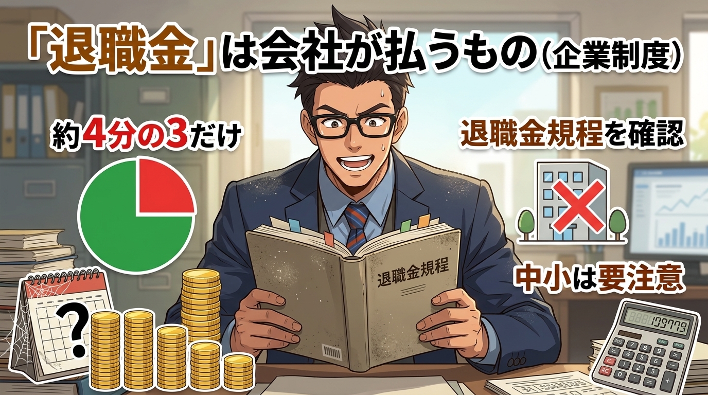 退職金、あるとは限らないについて約4分の3だけや退職金規程を確認や中小は要注意などの要素を描いたイラスト