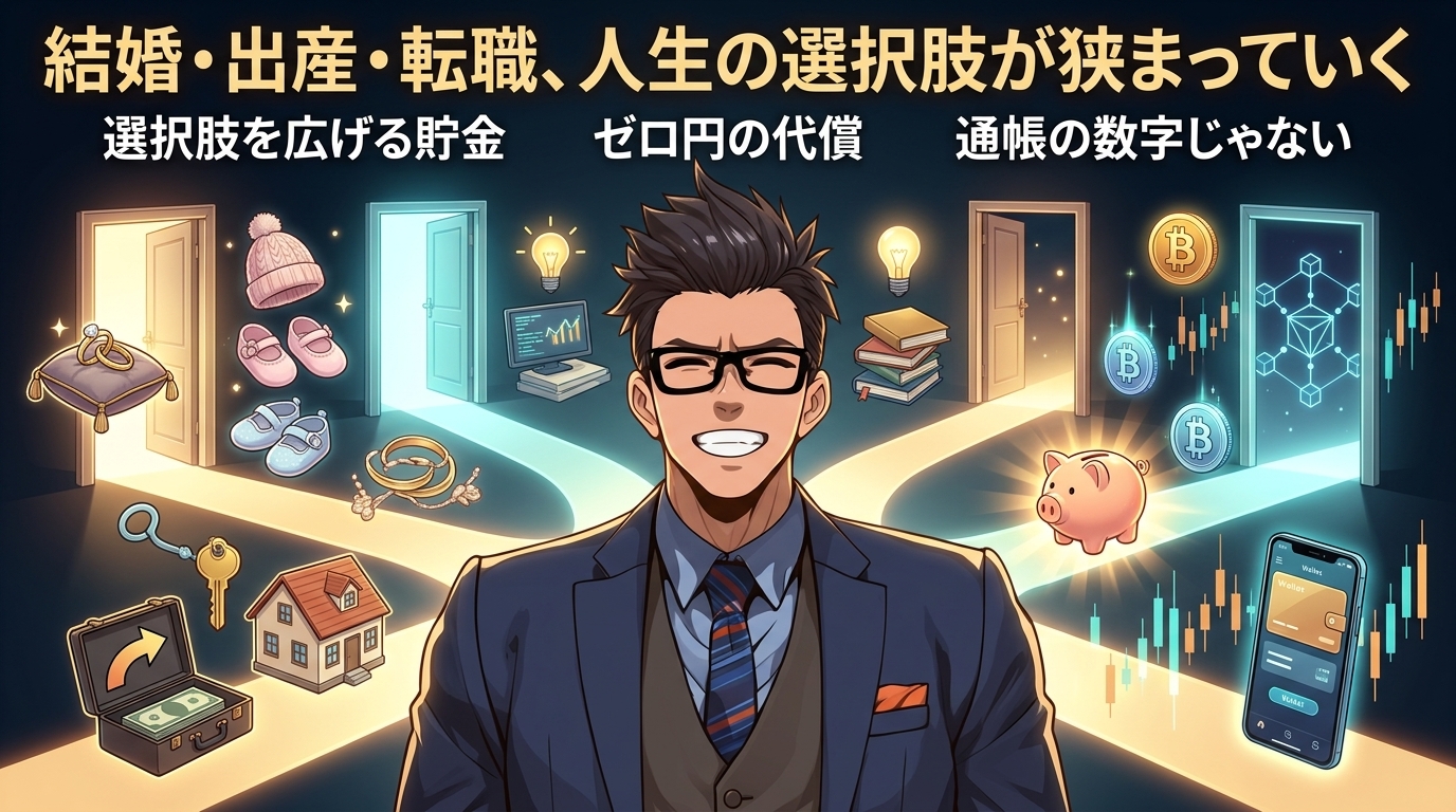 お金は自由の選択肢になるについて選択肢を広げる貯金やゼロ円の代償や通帳の数字じゃないなどの要素を描いたイラスト