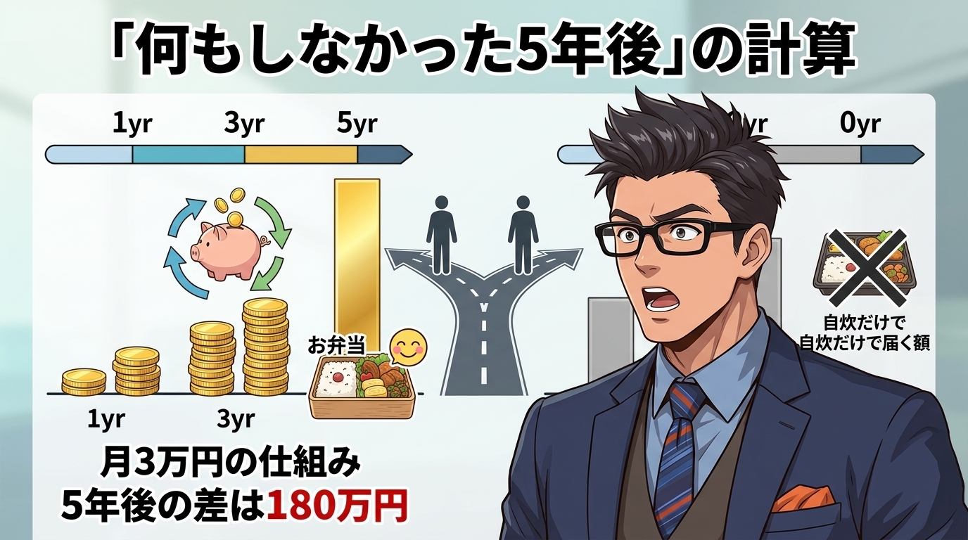 たった1日1,000円が5年で180万円になるについて月3万円の仕組みや5年後の差は180万円や自炊だけで届く額などの要素を描いたイラスト