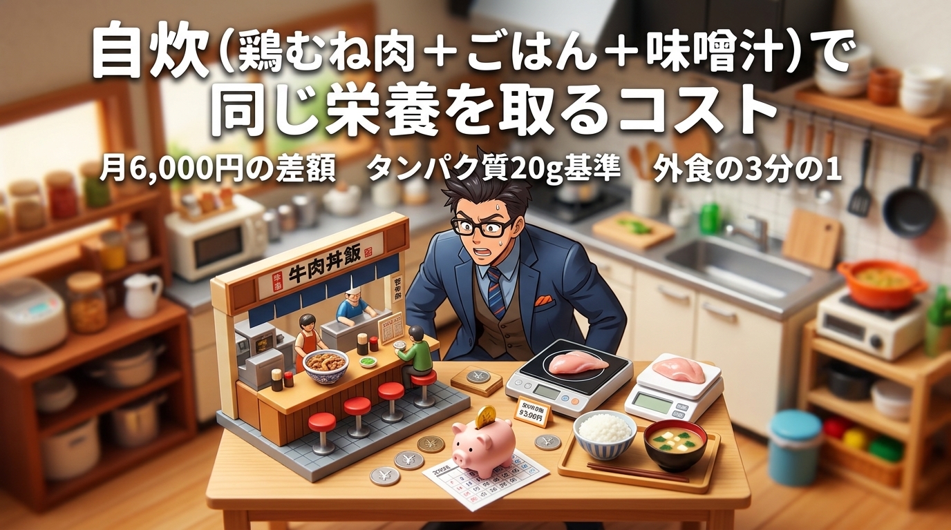 1食150円の真実について月6,000円の差額やタンパク質20g基準や外食の3分の1などの要素を描いたイラスト