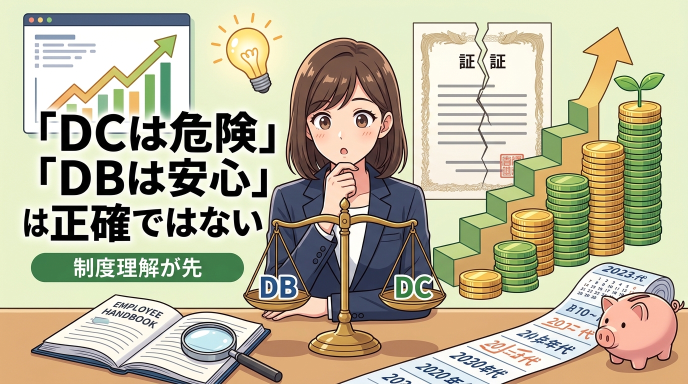 安心の正体についてDB減額リスクやDC長期運用の力や制度理解が先などの要素を描いたイラスト