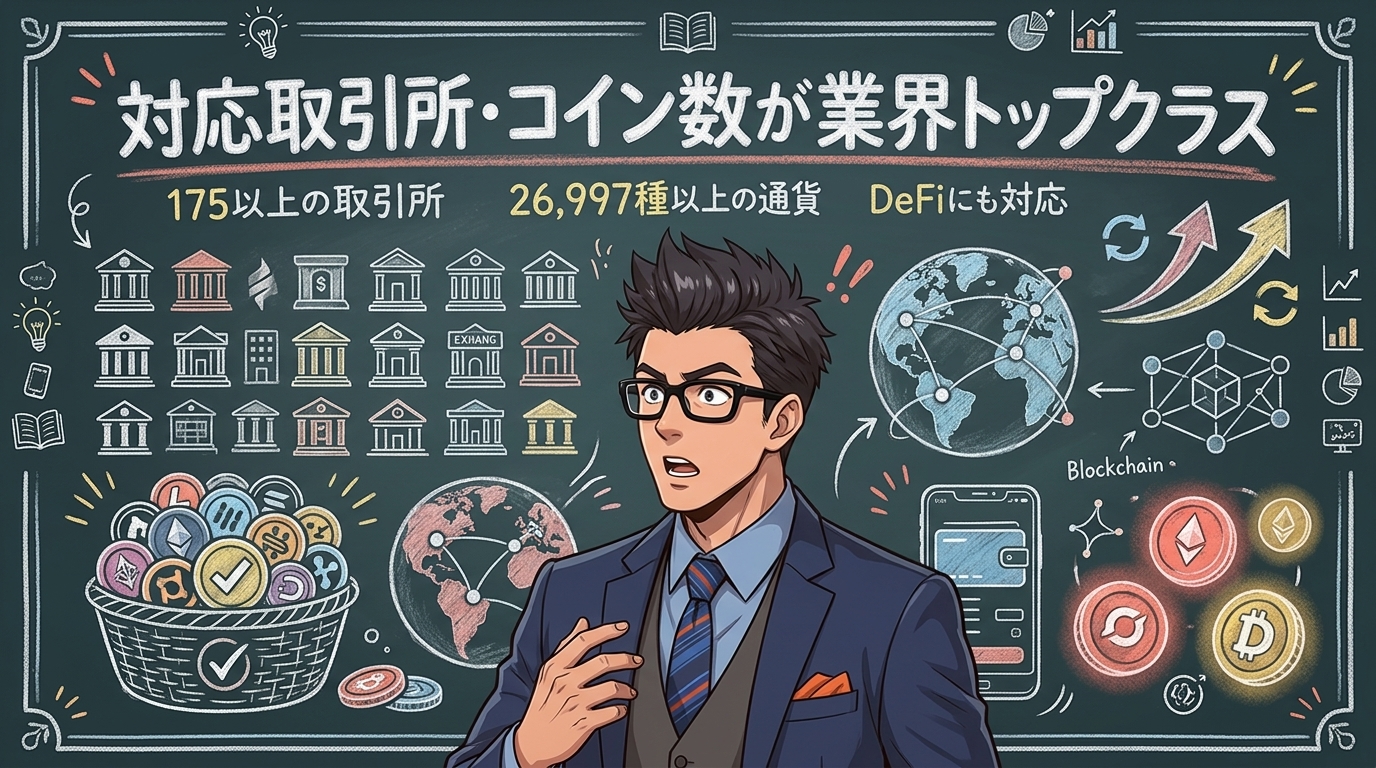 あなたのマイナー通貨も、ちゃんと対応してますについて175以上の取引所や26,997種以上の通貨やDeFiにも対応などの要素を描いたイラスト
