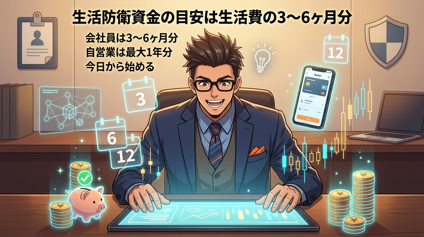 まずは1ヶ月分から始めようについて会社員は3〜6ヶ月分や自営業は最大1年分や今日から始めるなどの要素を描いたイラスト