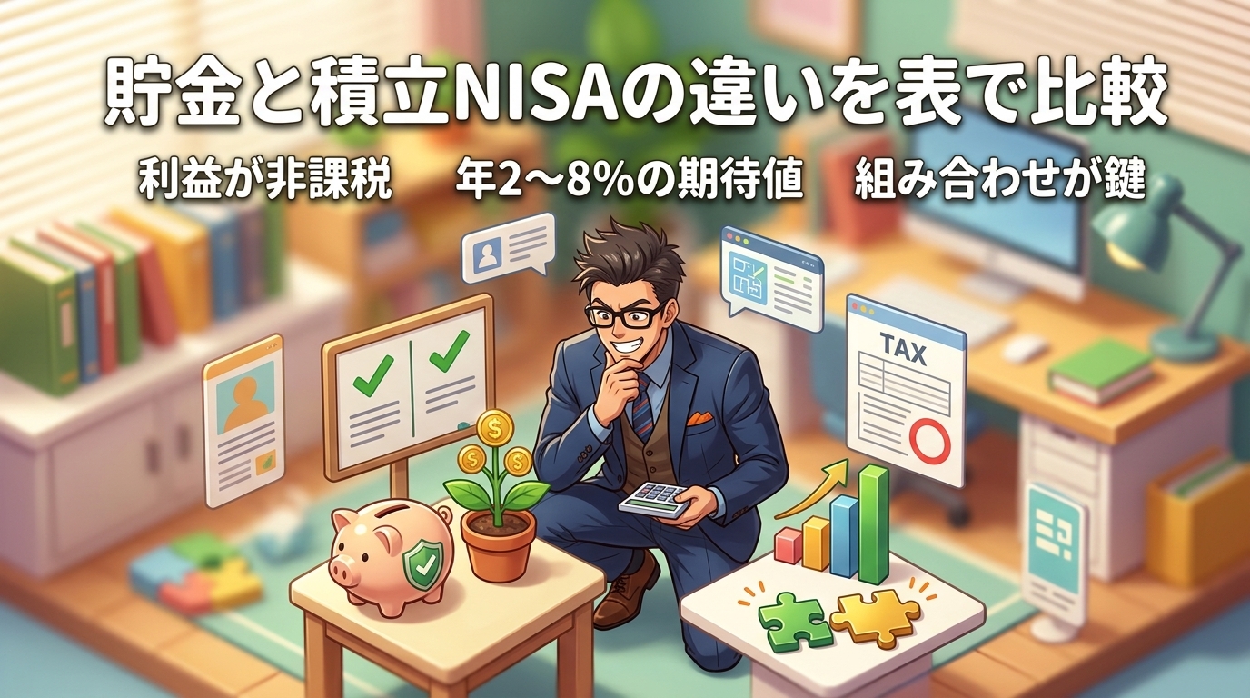 守りと攻めの正解について利益が非課税や年2〜8%の期待値や組み合わせが鍵などの要素を描いたイラスト