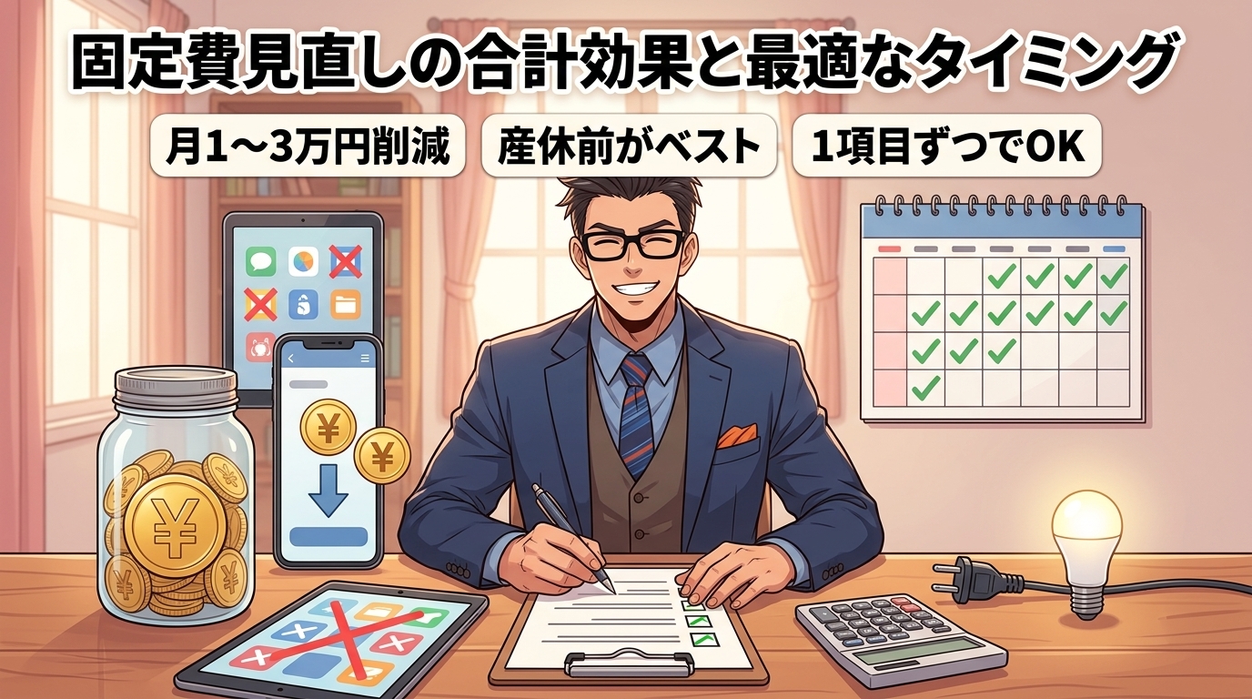 産休前にやるだけで年36万円の余裕について月1〜3万円削減や産休前がベストや1項目ずつでOKなどの要素を描いたイラスト