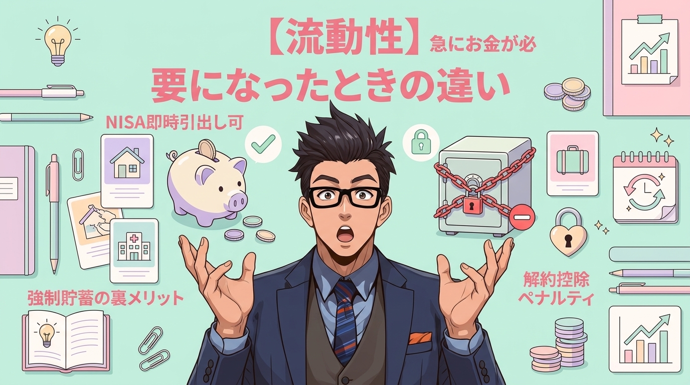 急な出費、あなたのお金は引き出せますか?についてNISA即時引出し可や解約控除ペナルティや強制貯蓄の裏メリットなどの要素を描いたイラスト