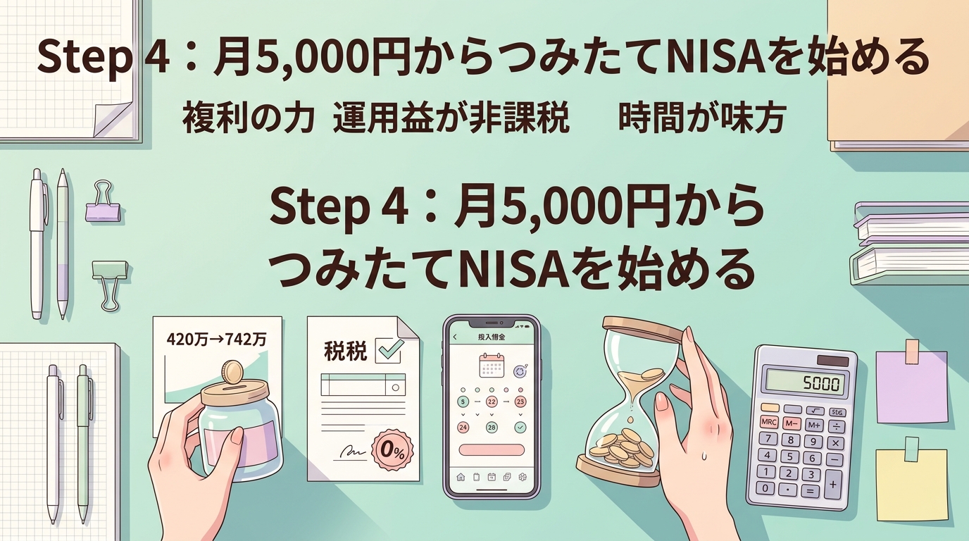 月5,000円が未来の自分を救うについて複利の力や運用益が非課税や時間が味方などの要素を描いたイラスト