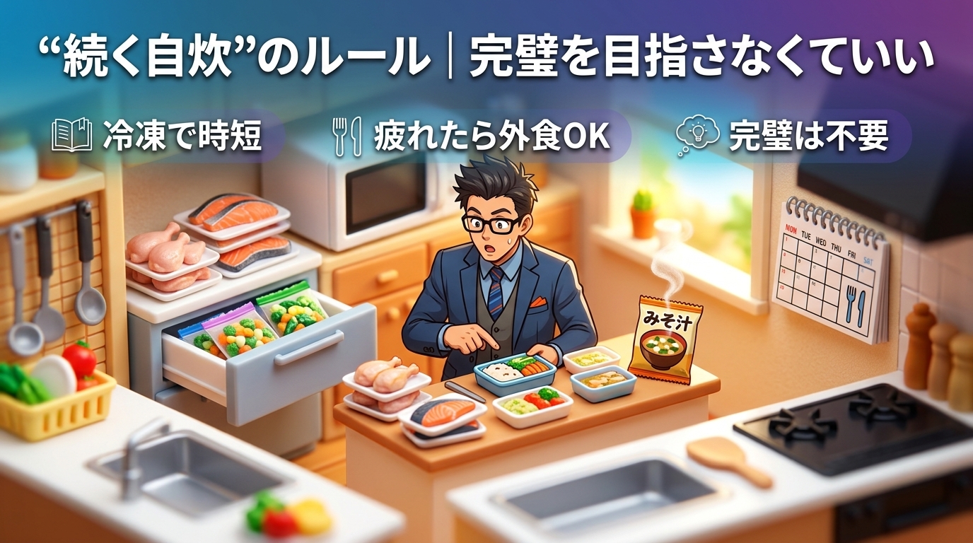 週2回で十分について冷凍で時短や疲れたら外食OKや完璧は不要などの要素を描いたイラスト