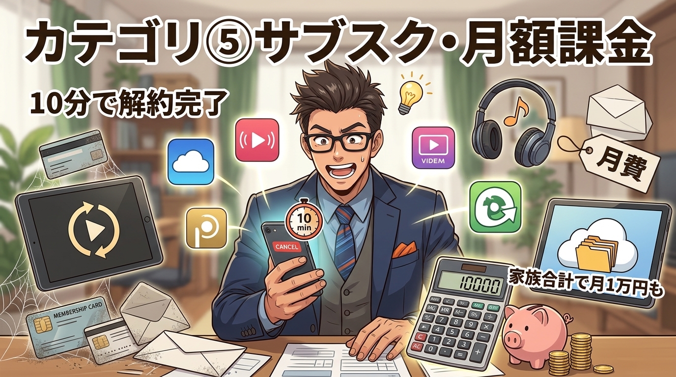 塵も積もれば月1万円の衝撃について10分で解約完了や家族合計で月1万円もなどの要素を描いたイラスト
