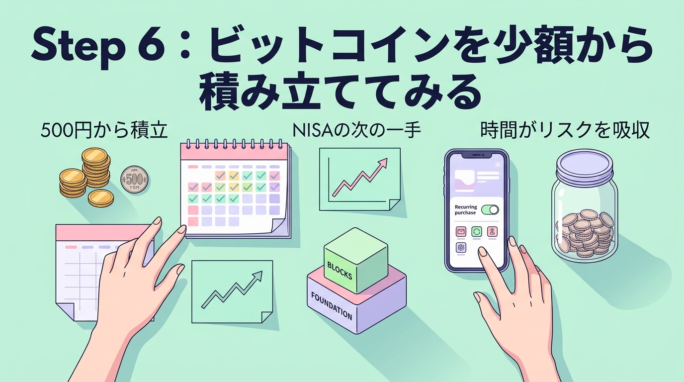 設定したら放置でいい投資があるについて500円から積立やNISAの次の一手や時間がリスクを吸収などの要素を描いたイラスト
