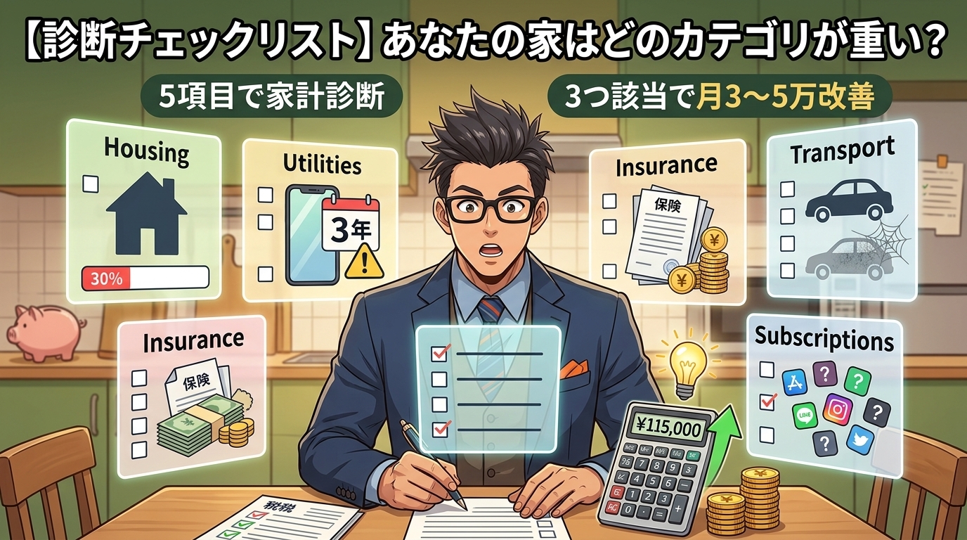 その固定費、月7万円減らせるかもについて5項目で家計診断や3つ該当で月3〜5万改善などの要素を描いたイラスト