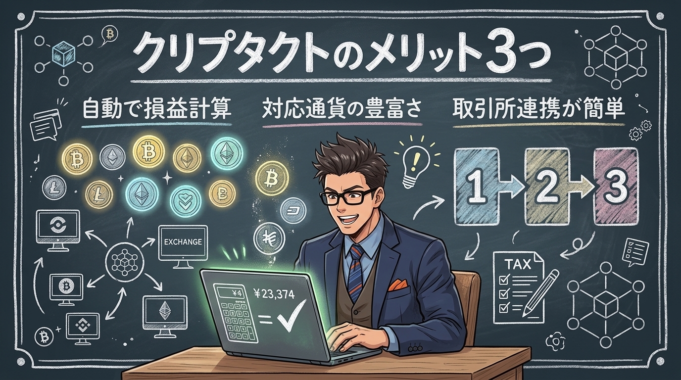 確定申告、もう怖くないについて自動で損益計算や対応通貨の豊富さや取引所連携が簡単などの要素を描いたイラスト