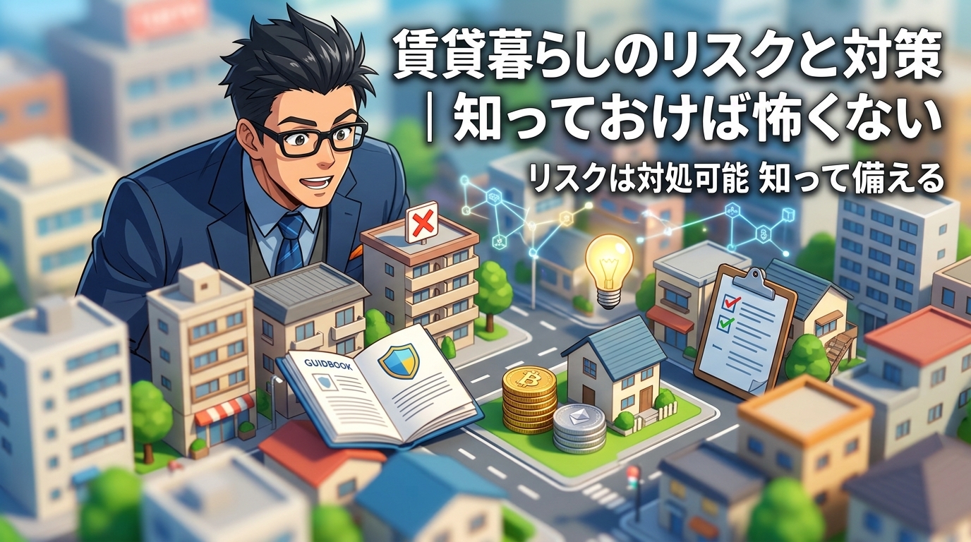 備えれば怖くない賃貸老後についてリスクは対処可能や知って備えるなどの要素を描いたイラスト