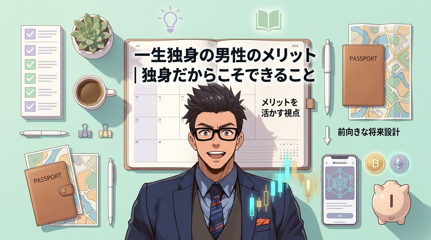 独身だからこそ手に入るものについてメリットを活かす視点や前向きな将来設計などの要素を描いたイラスト