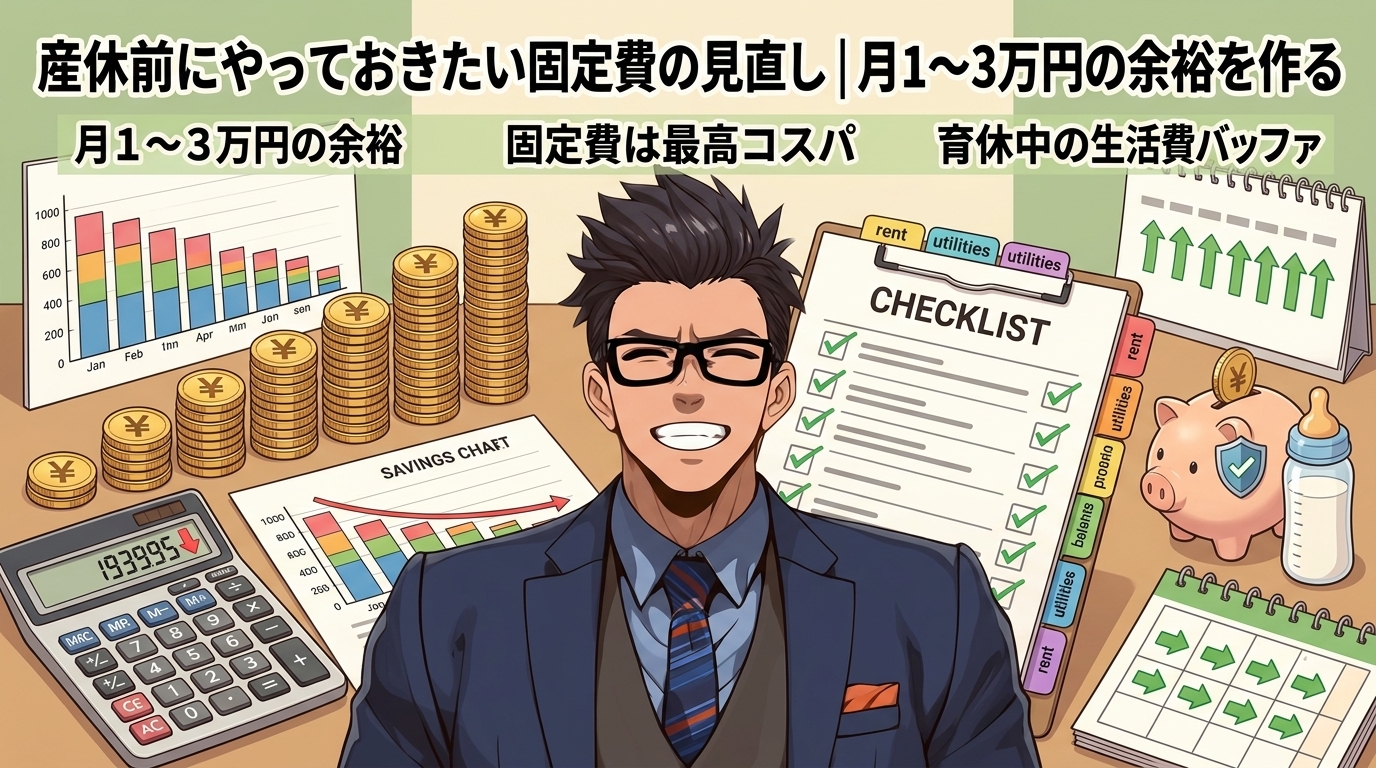 一度やれば、ずっとラクになるについて月1〜3万円の余裕や固定費は最高コスパや育休中の生活費バッファなどの要素を描いたイラスト