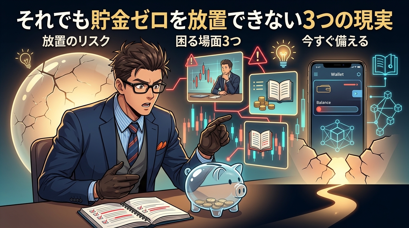 「安心」の先にある、知るべき現実について放置のリスクや困る場面3つや今すぐ備えるなどの要素を描いたイラスト