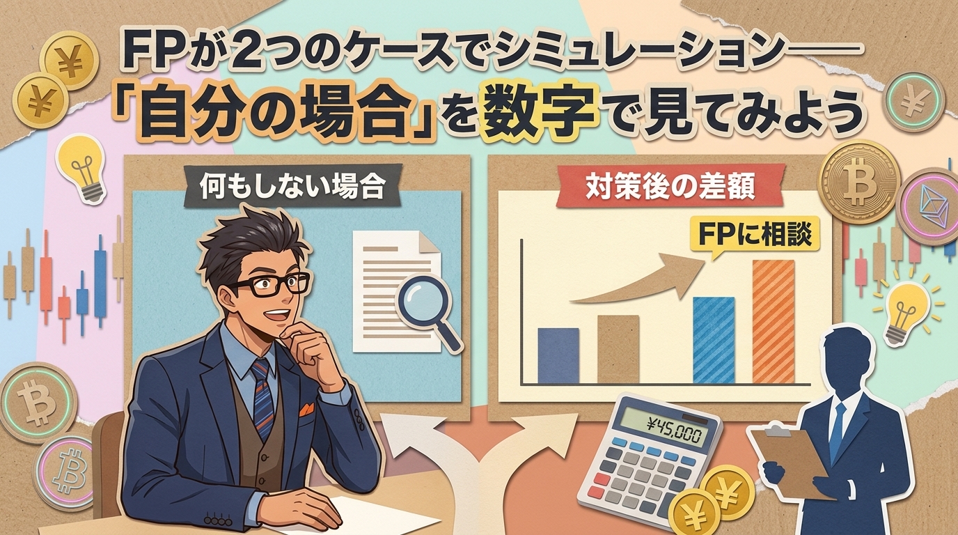 差額で見える行動の価値について何もしない場合や対策後の差額やFPに相談などの要素を描いたイラスト