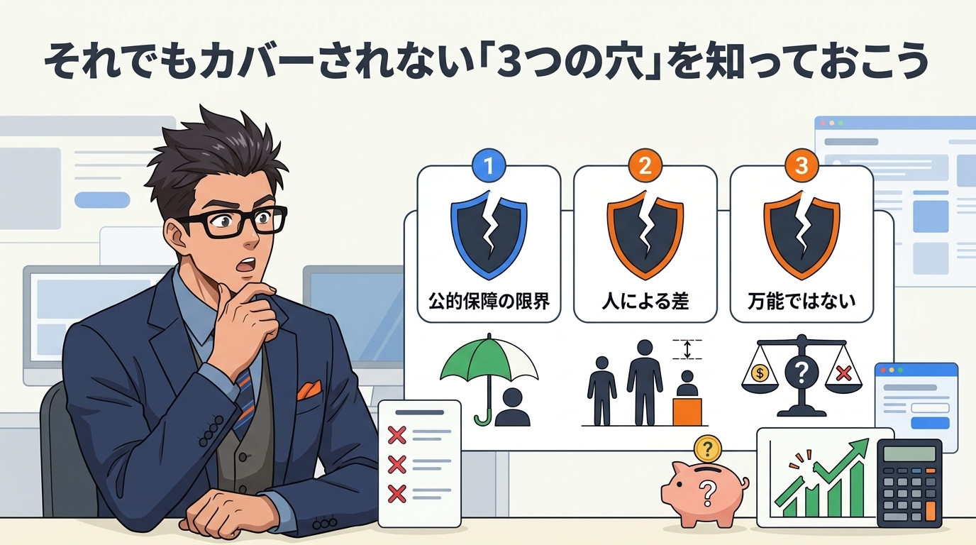 3つの穴について公的保障の限界や人による差や万能ではないなどの要素を描いたイラスト