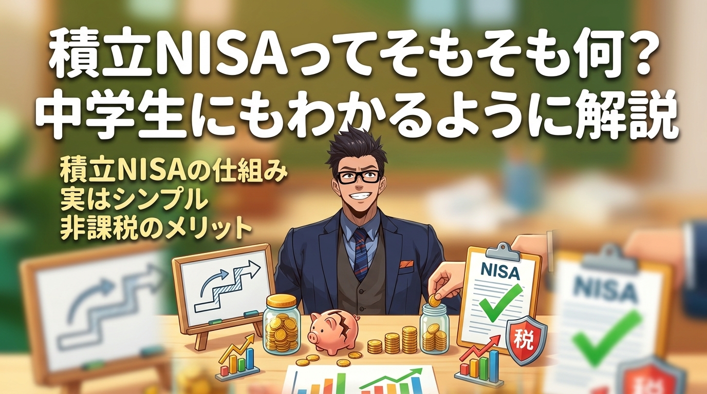 貯金だけじゃ足りないについて積立NISAの仕組みや実はシンプルや非課税のメリットなどの要素を描いたイラスト