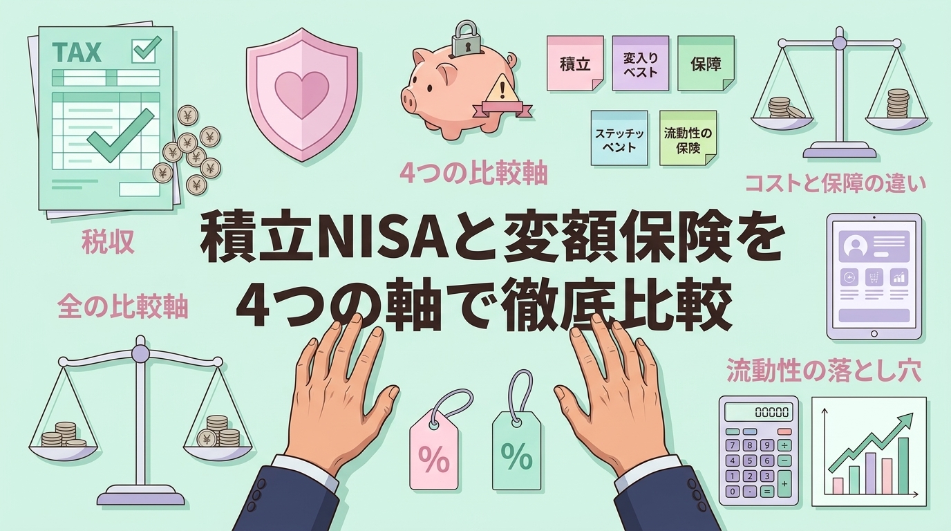 NISAが最強とは限らない理由について4つの比較軸やコストと保障の違いや流動性の落とし穴などの要素を描いたイラスト