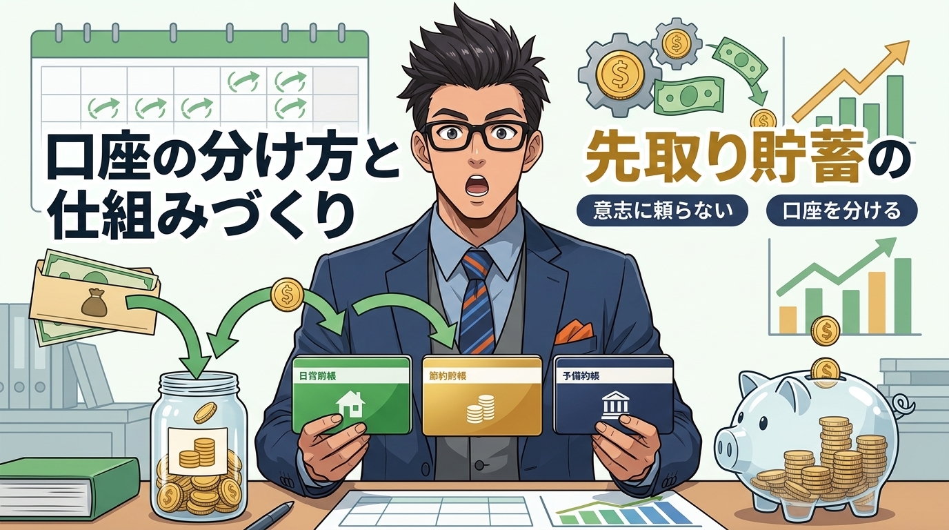 3口座で自動貯蓄について仕組みで貯まるや意志に頼らないや口座を分けるなどの要素を描いたイラスト