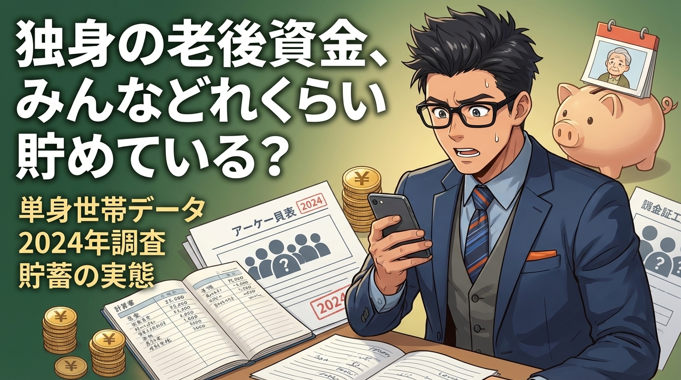 あなたの貯蓄、足りてる?について単身世帯データや2024年調査や貯蓄の実態などの要素を描いたイラスト