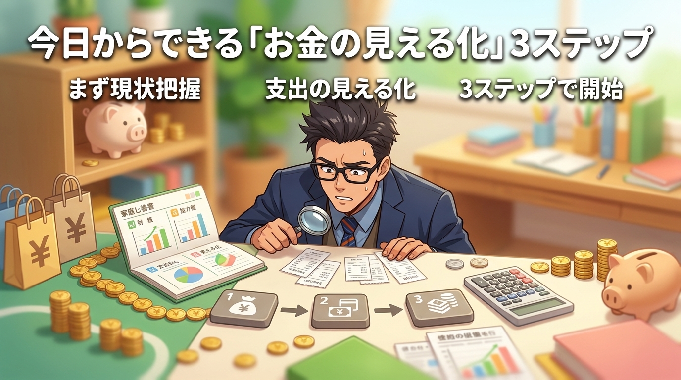 お金、見えてる?についてまず現状把握や支出の見える化や3ステップで開始などの要素を描いたイラスト