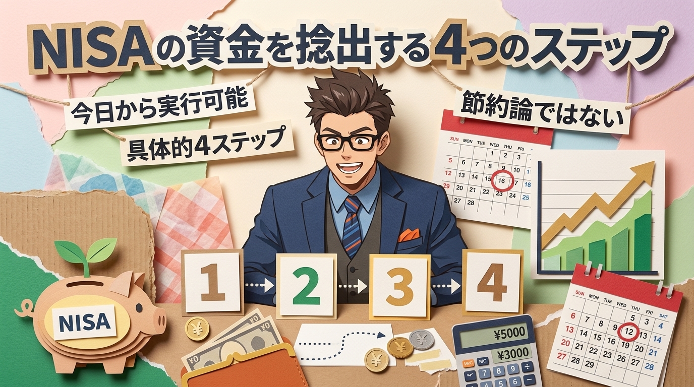 「お金がない」は今日で終わりにできるについて今日から実行可能や具体的4ステップや節約論ではないなどの要素を描いたイラスト