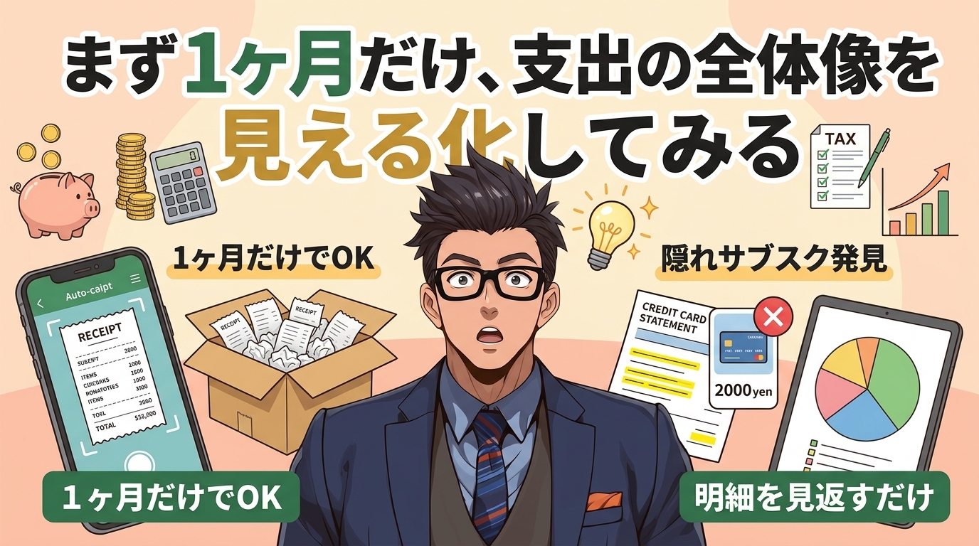 お金の正体、見えてる?について1ヶ月だけでOKや隠れサブスク発見や明細を見返すだけなどの要素を描いたイラスト