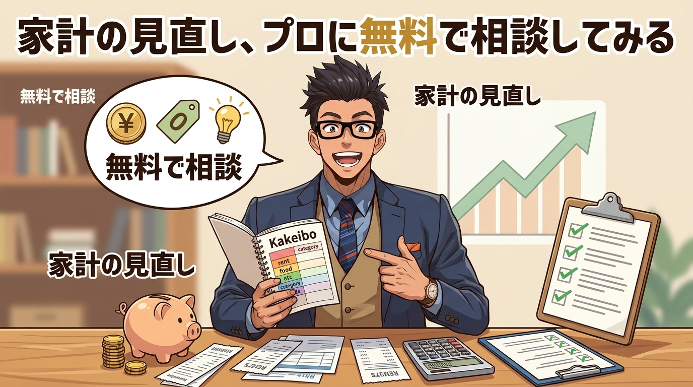 お金の不安、プロに頼るについて無料で相談や家計の見直しやプロの視点などの要素を描いたイラスト