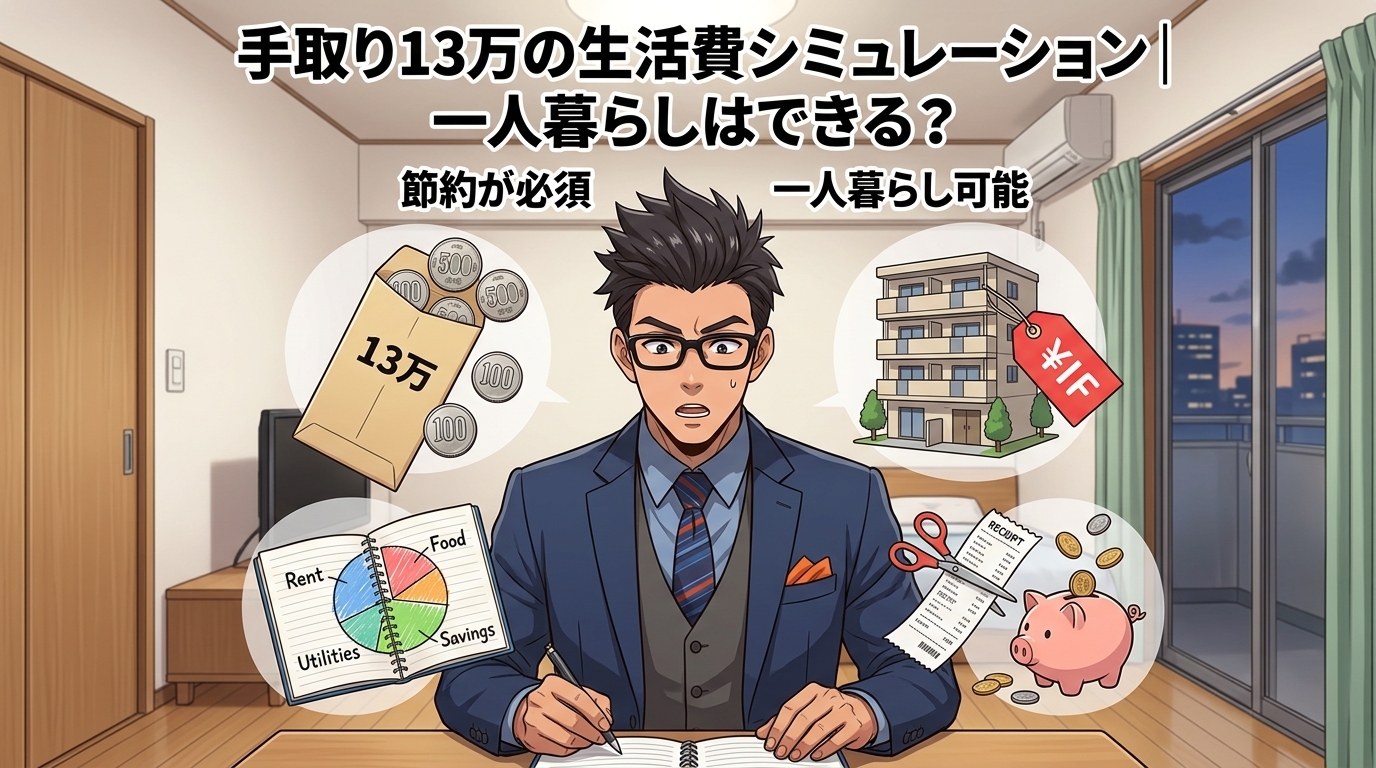 手取り13万、工夫次第で暮らせる?について節約が必須や一人暮らし可能などの要素を描いたイラスト