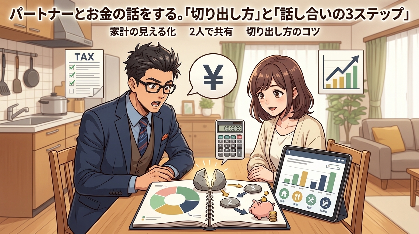 話すだけで不安は半分になるについて家計の見える化や2人で共有や切り出し方のコツなどの要素を描いたイラスト