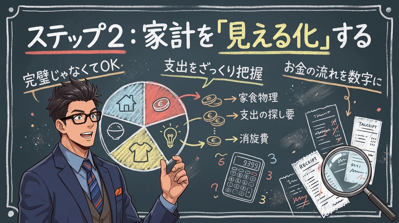 ざっくりでいい、それが続くコツについて完璧じゃなくてOKや支出をざっくり把握やお金の流れを数字になどの要素を描いたイラスト