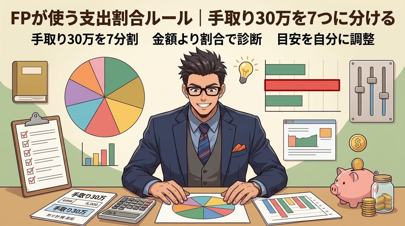 割合で見える家計のズレについて手取り30万を7分割や金額より割合で診断や目安を自分に調整などの要素を描いたイラスト