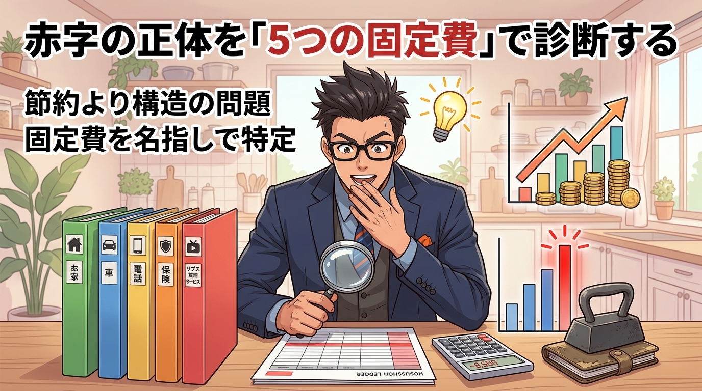 あなたの赤字、犯人は5つの固定費だったについて節約より構造の問題や固定費を名指しで特定などの要素を描いたイラスト