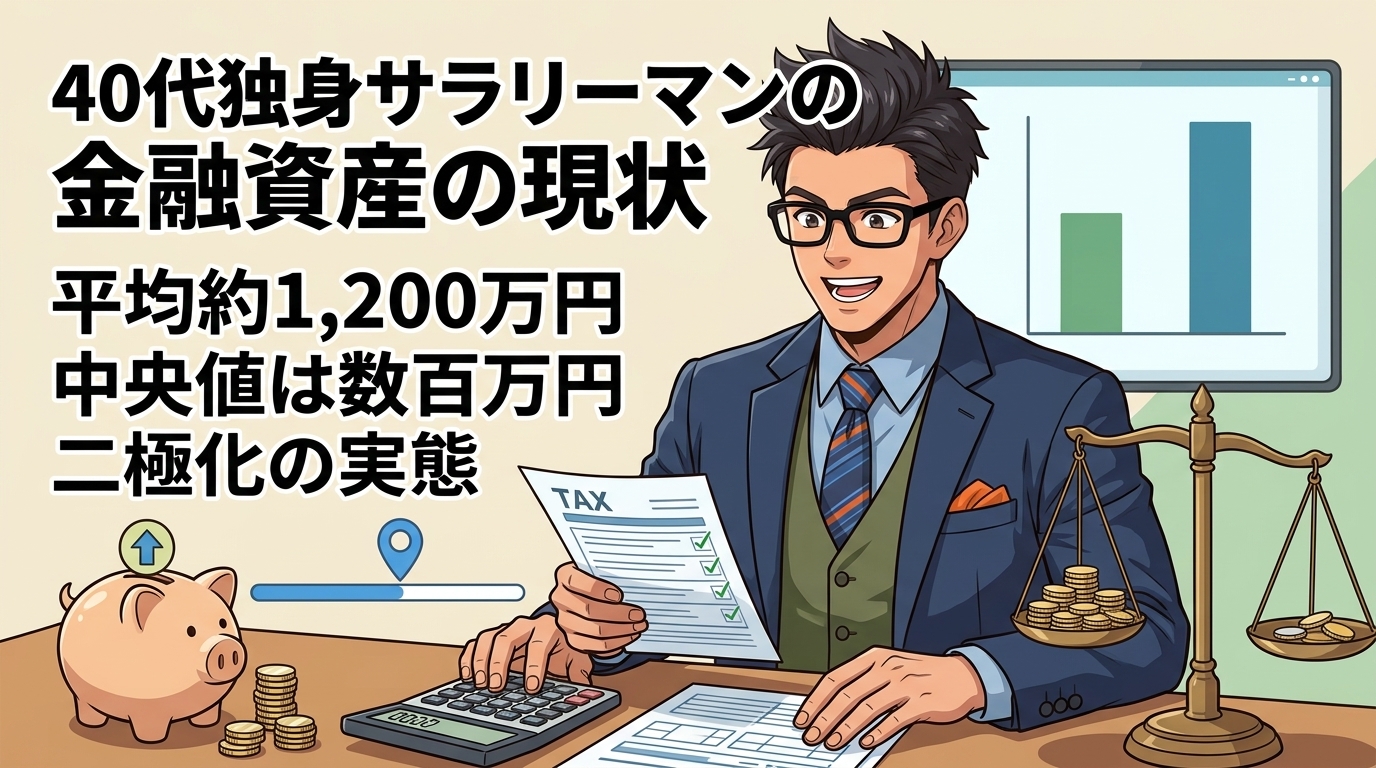 あなたの現在地は?について平均約1,200万円や中央値は数百万円や二極化の実態などの要素を描いたイラスト