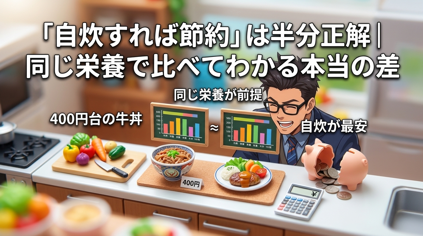 栄養で比べろについて400円台の牛丼や同じ栄養が前提や自炊が最安などの要素を描いたイラスト