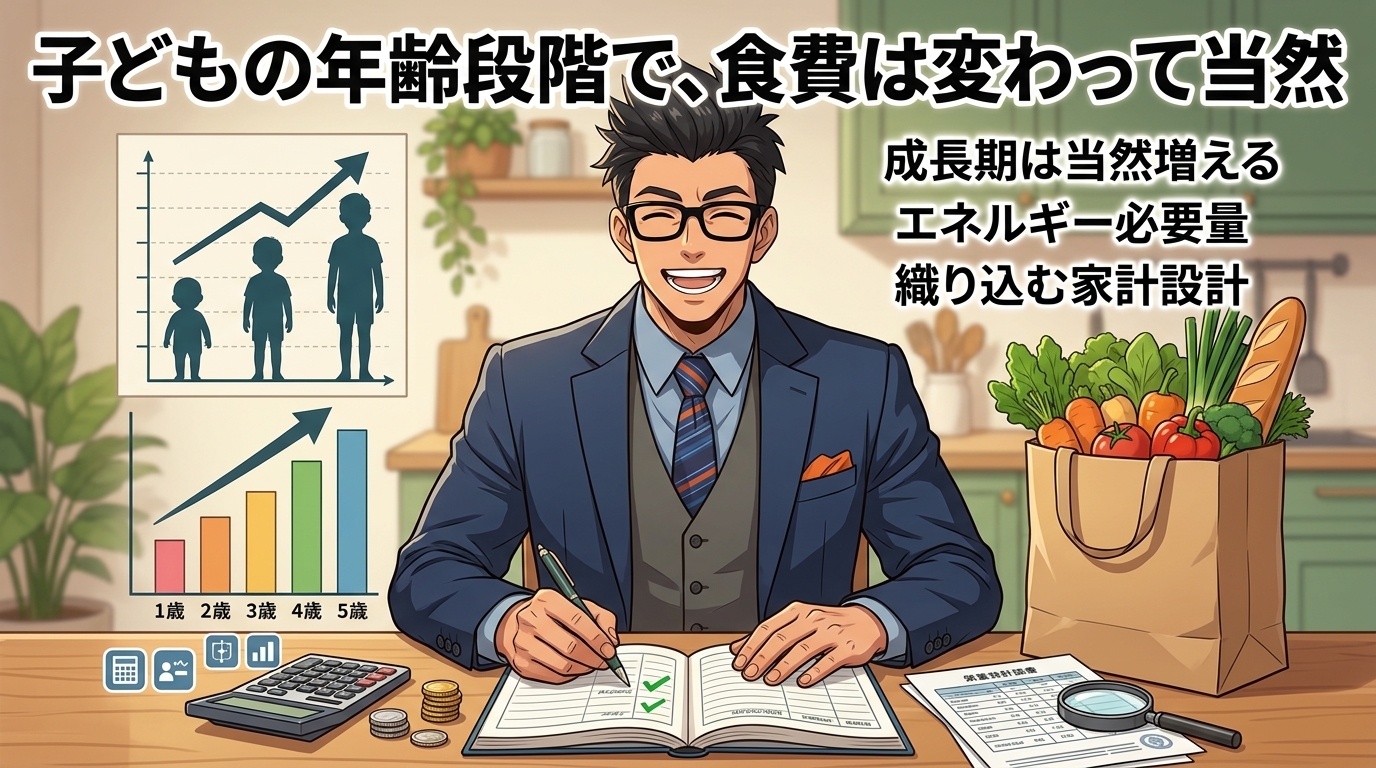 食費増は失敗じゃないについて成長期は当然増えるやエネルギー必要量や織り込む家計設計などの要素を描いたイラスト