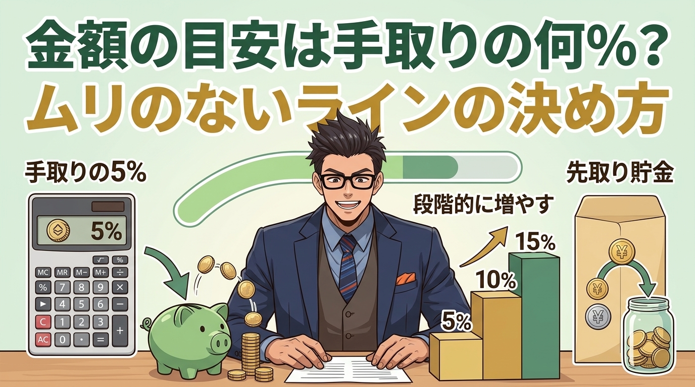 まず5%からについて手取りの5%や段階的に増やすや先取り貯金などの要素を描いたイラスト