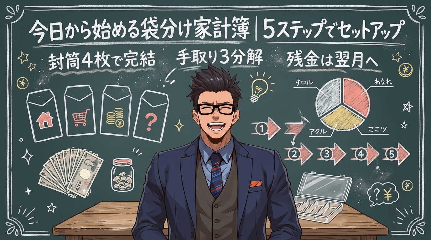 封筒だけで貯まるについて封筒4枚で完結や手取り3分解や残金は翌月へなどの要素を描いたイラスト