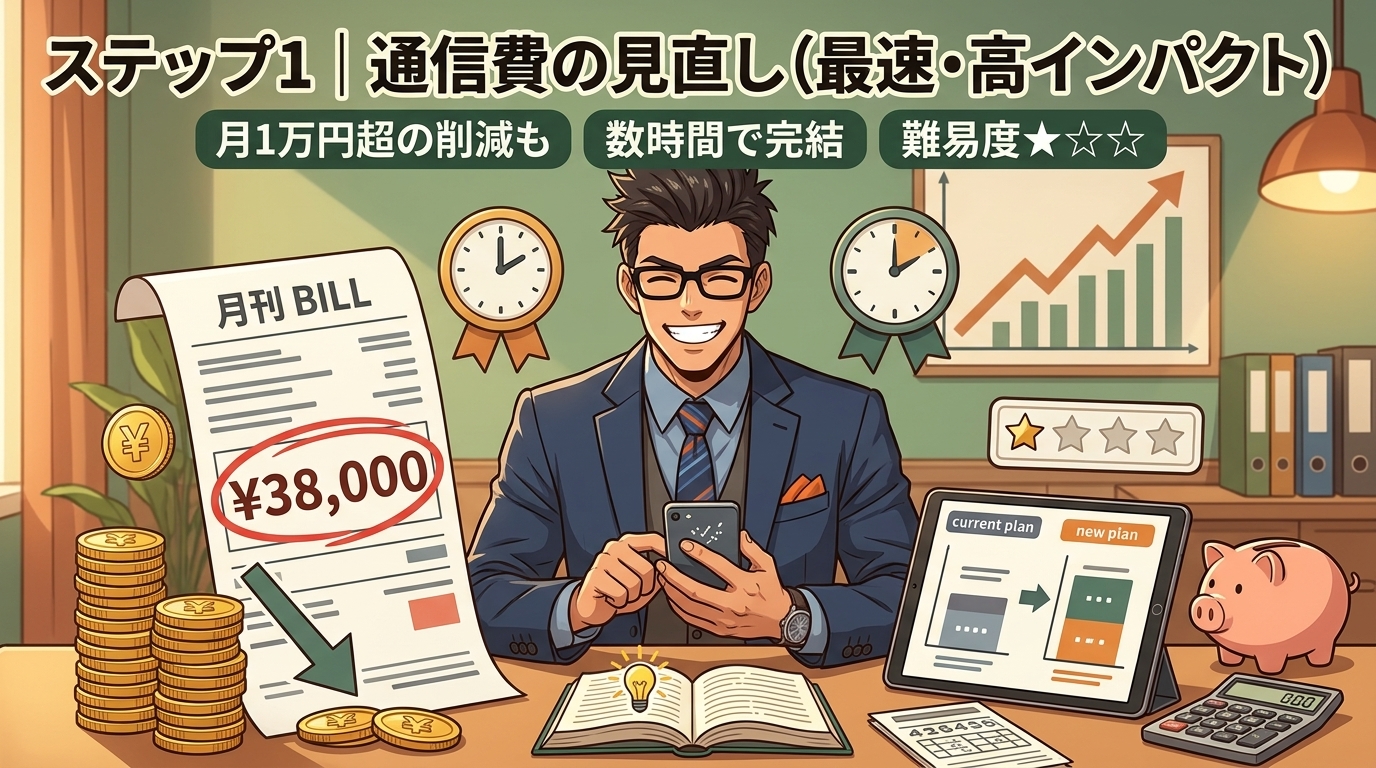 まず通信費からについて月1万円超の削減もや数時間で完結や難易度★☆☆などの要素を描いたイラスト