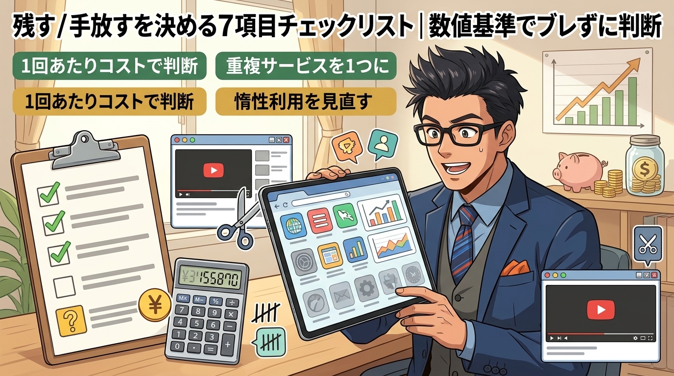 その課金、3か月使ってないなら答えは出てるについて1回あたりコストで判断や重複サービスを1つにや惰性利用を見直すなどの要素を描いたイラスト