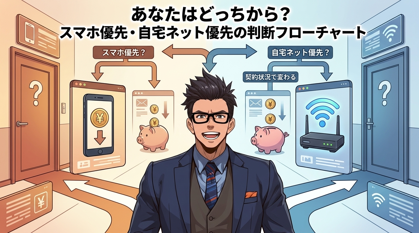 正解は人によるについてスマホ優先?や自宅ネット優先?や契約状況で変わるなどの要素を描いたイラスト