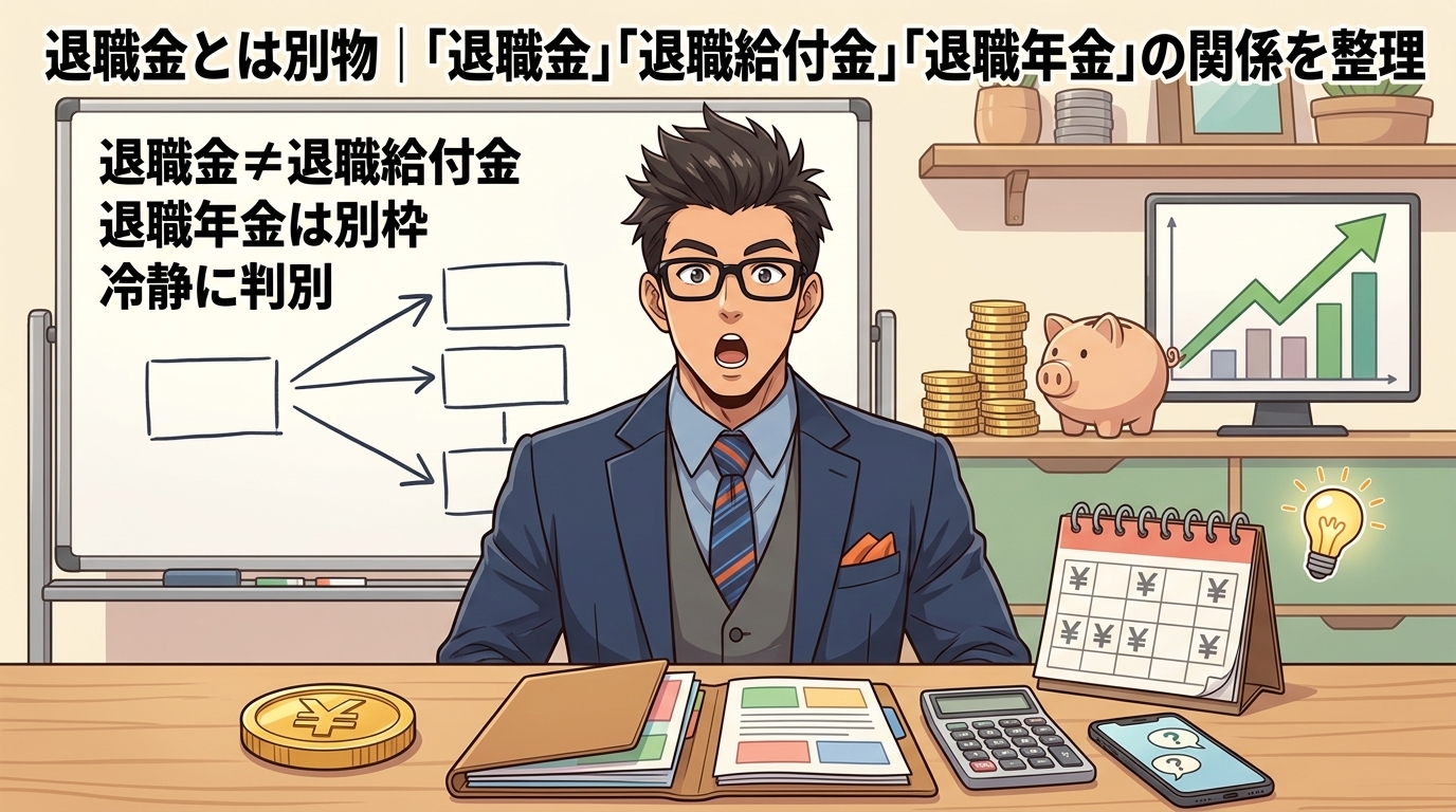 その用語、混同してない?について退職金≠退職給付金や退職年金は別枠や冷静に判別などの要素を描いたイラスト