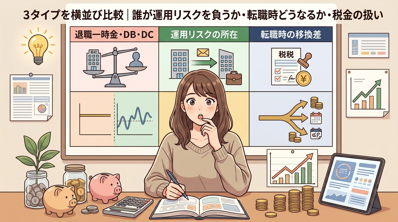 リスクは誰が負う?について退職一時金・DB・DCや運用リスクの所在や転職時の移換差などの要素を描いたイラスト