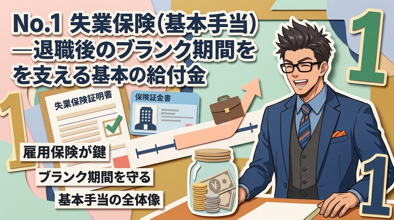 退職しても大丈夫について雇用保険が鍵やブランク期間を守るや基本手当の全体像などの要素を描いたイラスト
